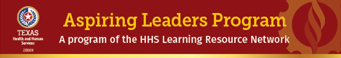 Crimson banner with "Aspiring Leaders Program, A program of the HHS Learning Resource Network" in yellow + white text